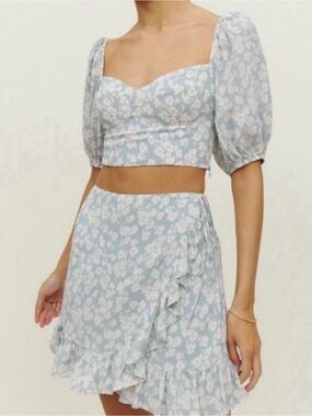 Reformation Pale Blue Floral Wrap Mini Skirt